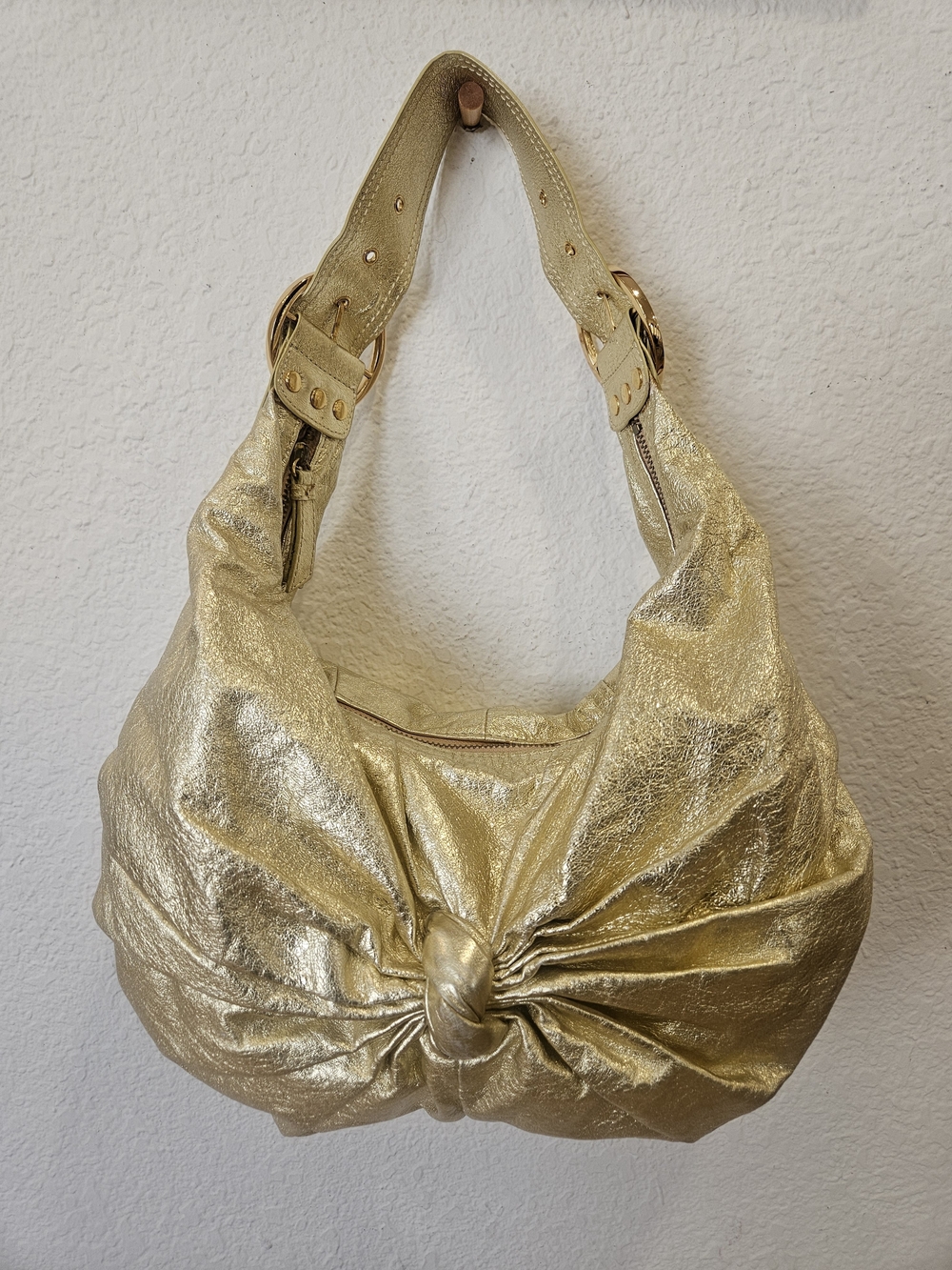 Sabina New York Vintage Gold Leather Bow Hobo Bag Slouchy Crescent Y2K Boho